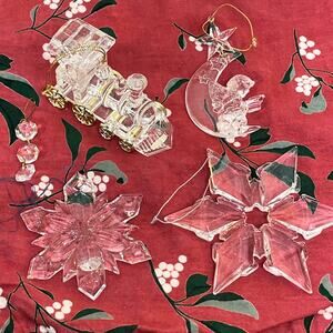 Lot of 5 Christmas Ornaments Lot Acrylic (4) & Glass (1) Snowflakes Train Moon